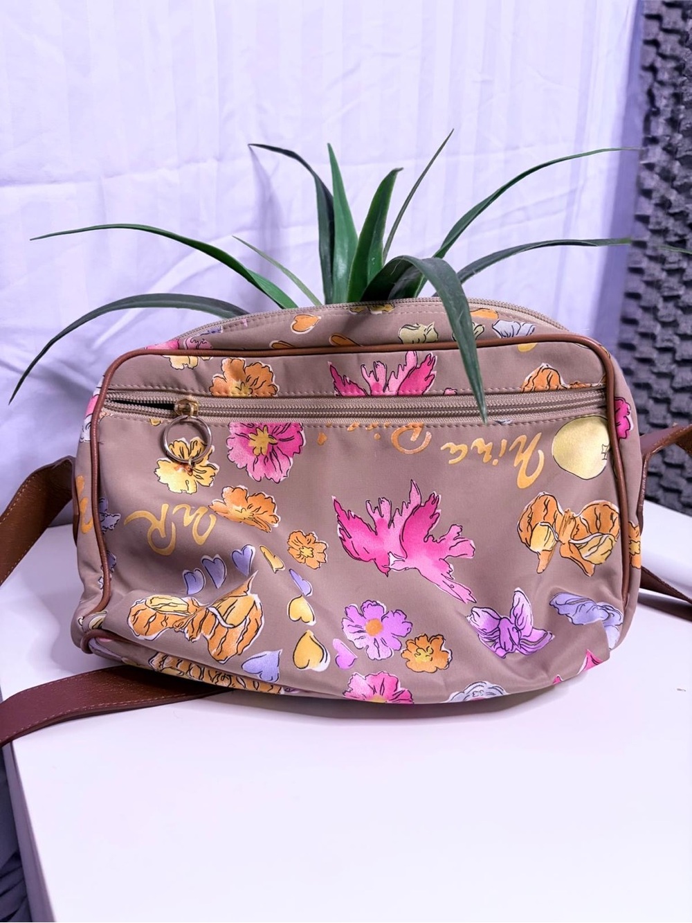 Nina Ricci Taupe Floral Crossbody with Pink & Yellow Accents